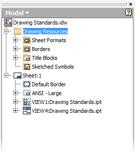 Ambiente de desenho No ambiente de desenho, o navegador exibe a pasta Drawing Resources que contém formatos de folha, bordas, blocos de título e símbolos de esboços.