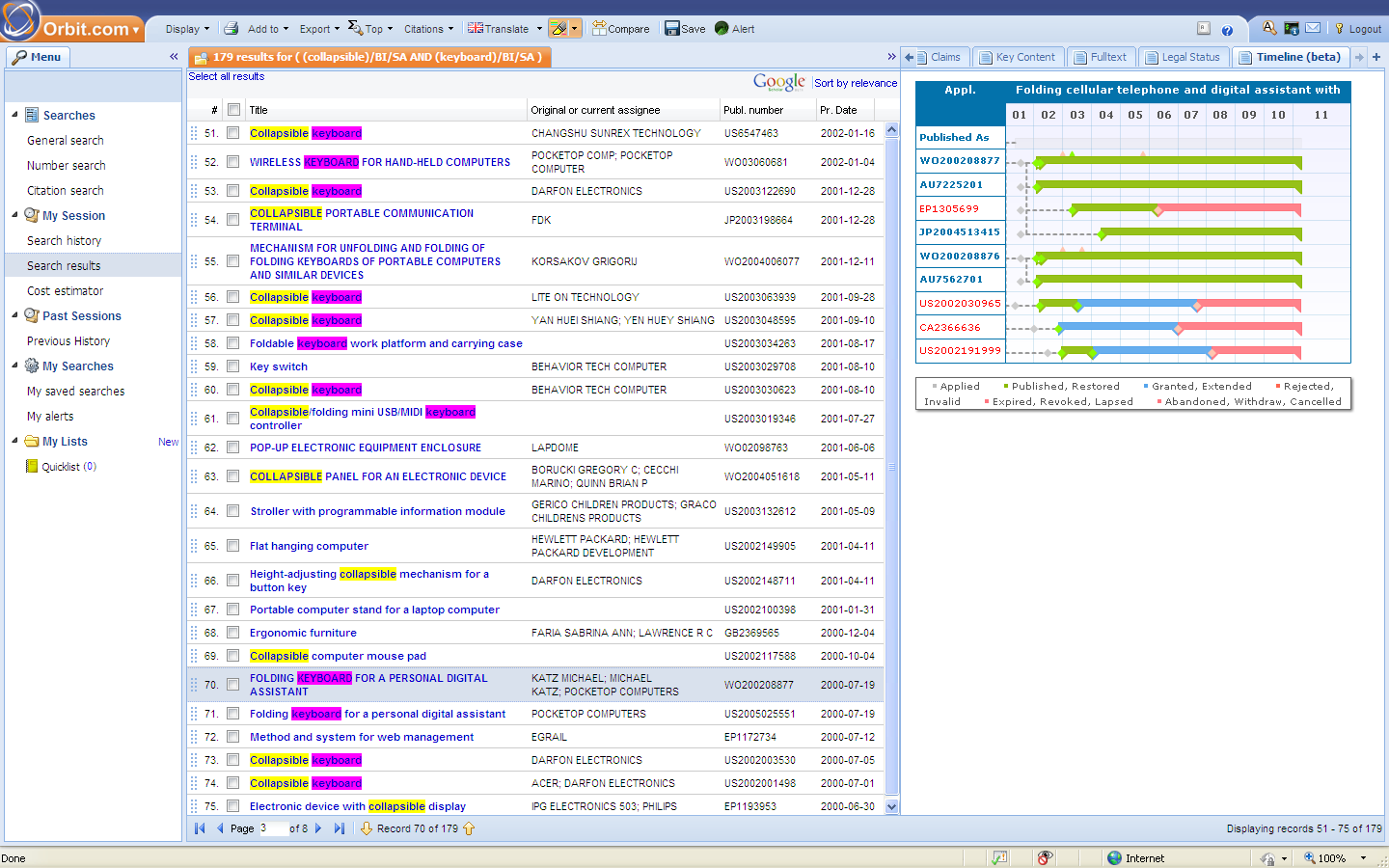 Questel Orbit Visão Geral Visualização do Legal Status