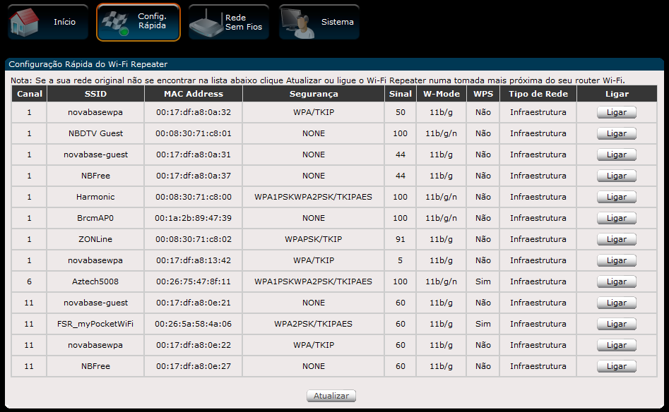 Clique Atualizar se não vir na lista a rede wireless pretendida. Clique no botão Ligar que se encontra no lado direito da rede wireless a que pretende ligar-se.