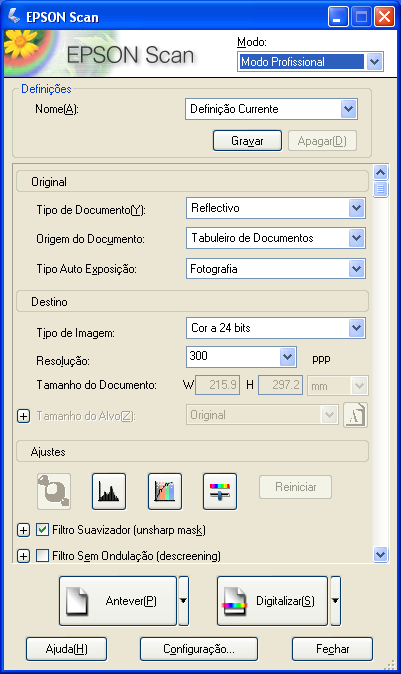 Modo Profissional Antes de escanear, é necessário selecionar estes parâmetros básicos: Configurações de Original - esses parâmetros indicam ao EPSON Scan o tipo de original a ser escaneado.