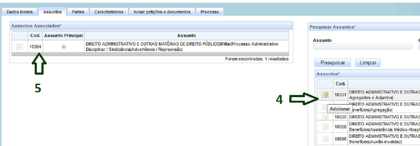 exibida a tela Assunto à esquerda. Selecione a opção escolhida clicando no ícone amarelo Adicionar (4).