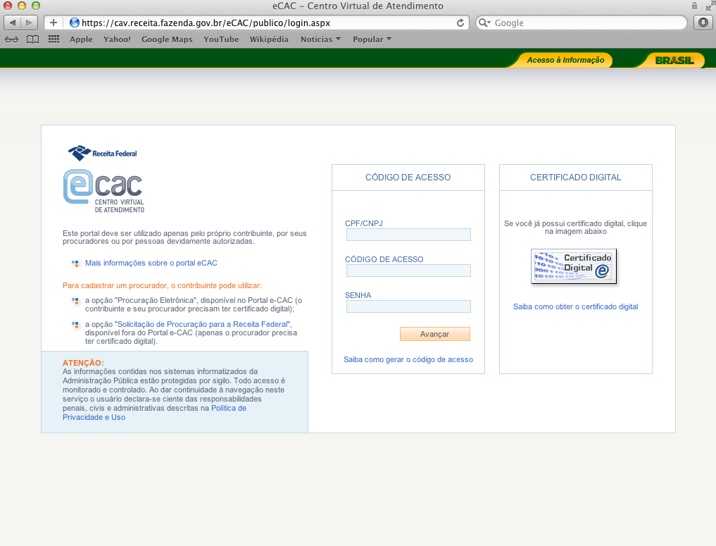 16/28 7 7 Testando o Certificado Digital pelo Navegador Safari O SAC 8.2 SP1 permite a utilização do certificado digital pelos navegadores Safari e Mozilla Firefox.