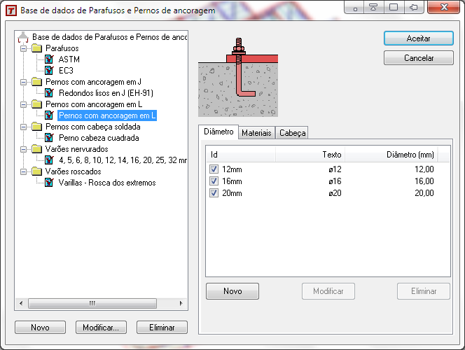 Pernos com ancoragem em L Dentro da pasta Pernos de ancoragem em L, pode criar-se uma ou várias famílias de pernos, através do botão Novo situado na zona inferior esquerda da caixa de diálogo.