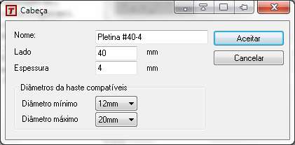 Modificações v8.1 a v9.0 22 Nome.- A denominação da cabeça. Lado ou Diâmetro.- O lado ou o diâmetro da chapa, consoante se tenha selecionado na caixa de diálogo anterior Quadrada ou Circular.