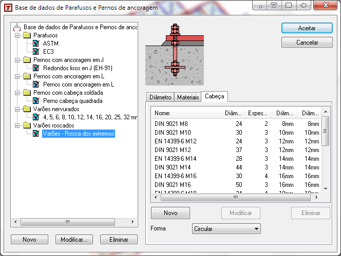 23 Adenda Tricalc 9.0 Parafusos Dentro da pasta Parafusos, mostram-se as famílias de parafusos estabelecidas na norma americana (ASTM) e na norma europeia (EC3), que se utilizarão nas ancoragens.