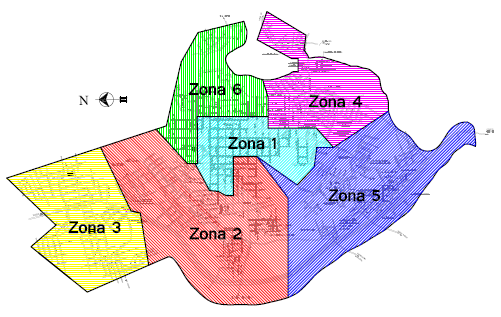Figura 1 Zonas de Coleta na área urbana do município Em todas as zonas do mapa a coleta dos resíduos sólidos é efetuada porta a porta, com periodicidade diária.