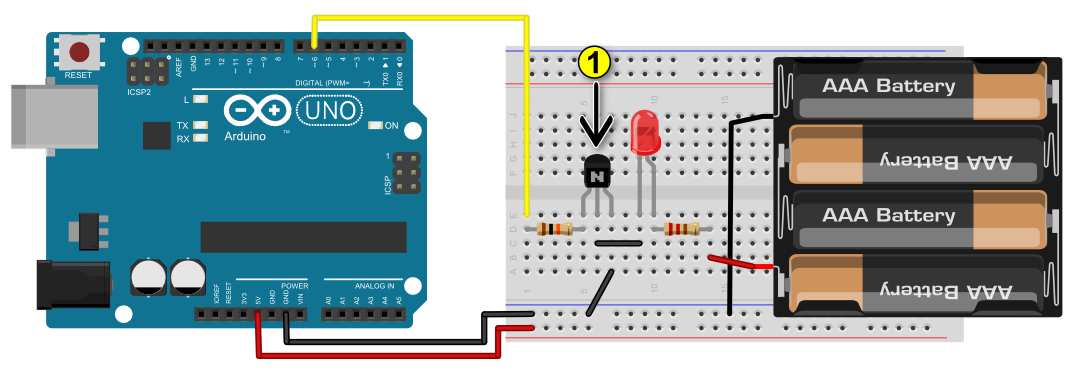 Veja um exemplo: Nesta montagem estamos usando o transistor bc546 (número 1, indicado pela seta) que está intermediando o fornecimento de energia para o led.