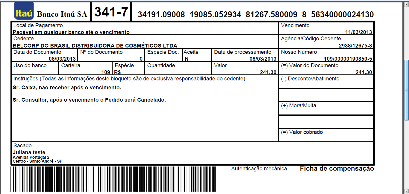 Veja um exemplo de boleto para impressão e pagamento. Número do código de barras do boleto. Você pode contar com os Canais de Contato da Belcorp e com o apoio do seu patrocinador.