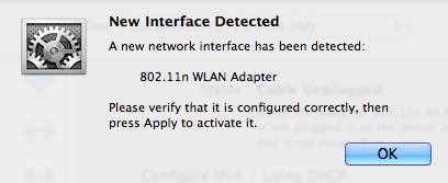 12. Vá para System Preferences Network (Preferências do sistema, Rede). Em seguida, é apresentada uma janela de contexto a indicar que foi detectada uma nova interface.