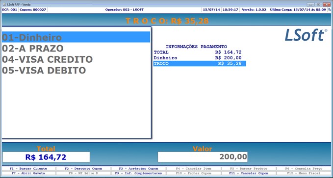 4.2.7. FECHAR CUPOM Para fechar um cupom aperte a tecla F10 e em seguida escolha uma das formas de pagamentos que está do lado superior esquerdo.