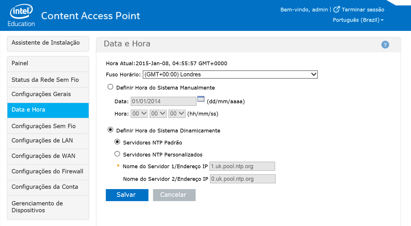 Guia Avançado de Administrador 5.5 Data e hora Configure a data e hora do. (Veja Figura 39.) Escolha o fuso horário adequado na lista Fuso horário.