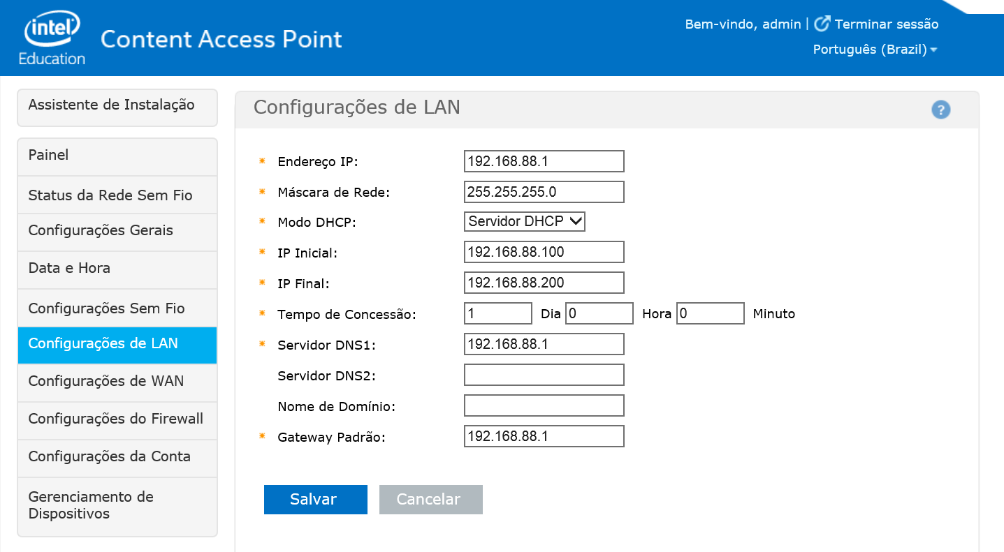 Guia Avançado de Administrador 5.7 Configurações de LAN Defina o endereço IP (lado LAN) e a configuração do servidor DHCP do. (Veja Figura 41.) 5.7.1 Endereço IP Digite o Endereço IP desejado.