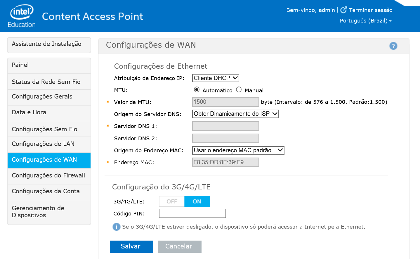 Guia Avançado de Administrador Figura 42: Administrador - Configurações de WAN Mude 3G/4G/LTE para ON.