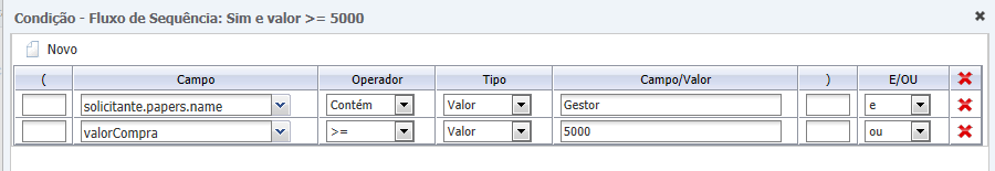 Desta forma podemos comparar o nome do papel com um valor, neste caso, Gestor, se o papel do solicitante contém a palavra Gestor. Para isto mude a coluna Operador para Contém.