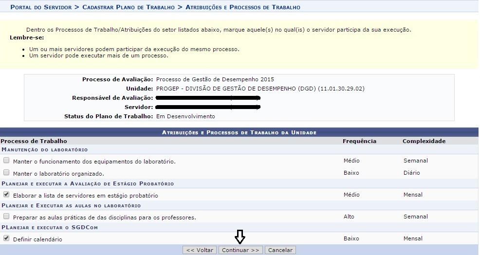 Próximo passo: escolher os processos de trabalho/atribuições de responsabilidade do servidor.