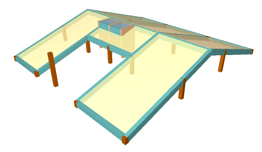 CAD 106 Fig. 3.199 Prima com o para terminar. Prima em Vista 3D grupo. Fig. 3.200 Repare que após ter atribuído os planos inclinados, a viga rasa de fecho da caixa de elevador acompanhou o deslocamento da laje de vigotas, interligando-a com a laje maciça.