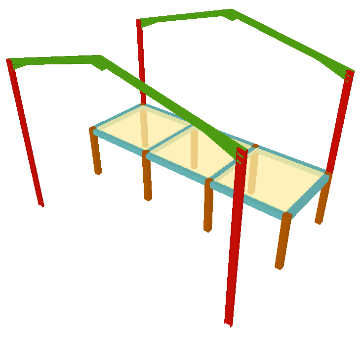 CAD 175 Vigas Fig. 5.35 Prima em Arquivo> Voltar à estrutura principal. Prima em Grupos> Vista 3D edifício. Fig. 5.36 Por exemplo, se pretender colocar as madres sobre as vigas dos pórticos metálicos, siga as seguintes instruções.