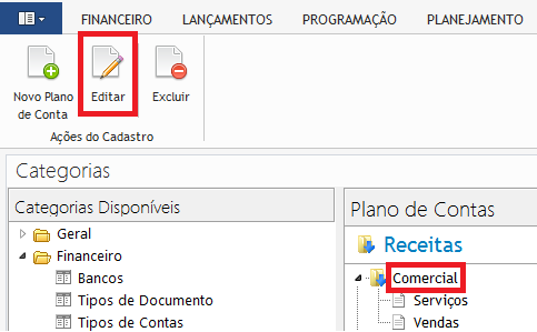 4.3.2. Editar um Plano de Conta Para editar o plano de contas, clique sobre a conta que deseja alterar o nome e em seguida clique no botão Editar. Segue abaixo tela para conferência: 4.3.3. Excluir um Plano de Conta Para excluir o plano de contas, clique sobre a conta que não deseja mais visualizar e em seguida clique no botão Excluir.