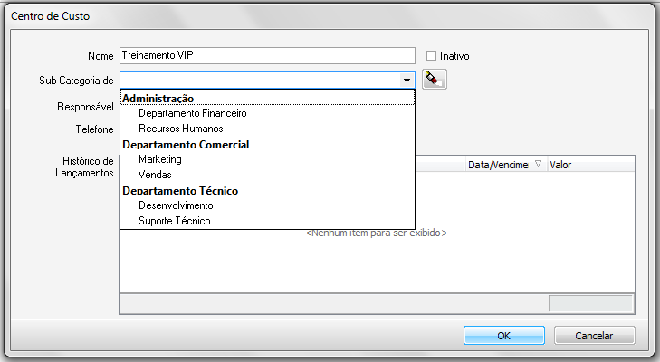 Acessando a rotina de Centro de Custo no menu Categorias, utilize o botão Novo Centro de Custo para cadastrar um novo Centro de Custo, o botão Editar para editar os seus Centros de Custos já