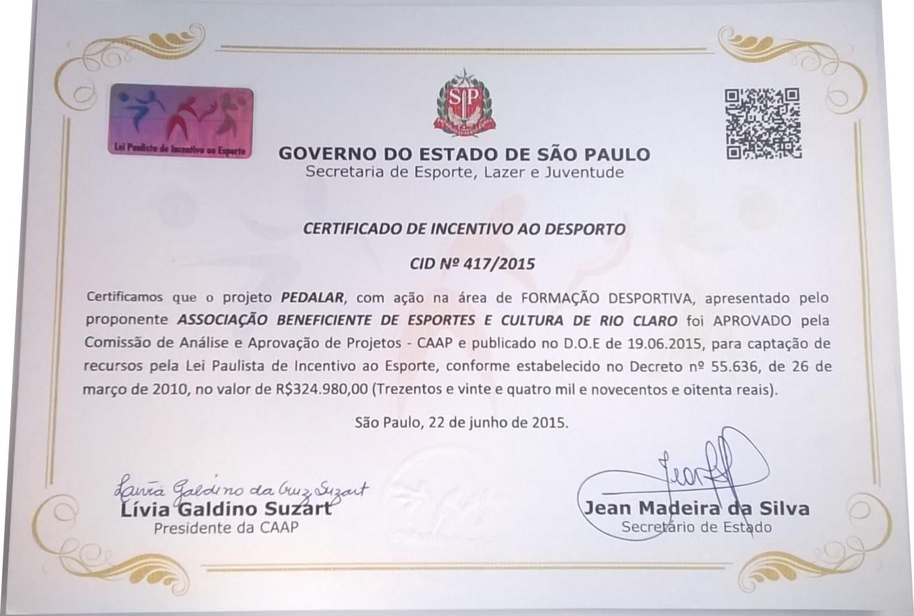 O Projeto Projeto PEDALAR PROPONENTE: ABEC RIO CLARO VALOR DO PROJETO: R$ 324.980,00 CID Nº 417/2015 Data Publicação D.O.: 19/06/15 (para visualizar, clique AQUI!