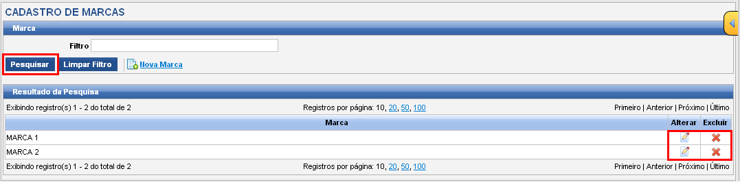 Carregada a tela para cadastro, preencha a Descrição da Marca e em seguida pressione o botão Salvar para gravar esse registro no sistema, conforme Ilustração 71.