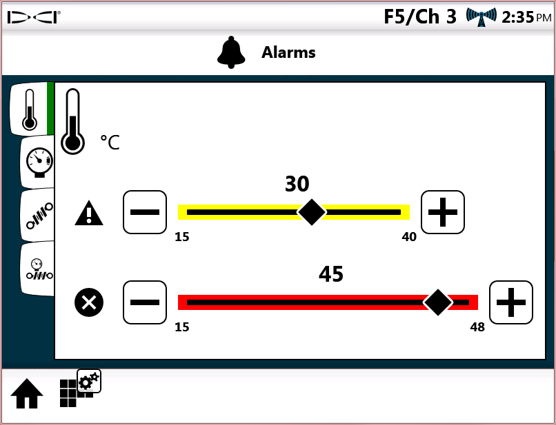 Alarmes Em Configurações, toque em Alarmes e selecione, a partir das guias à esquerda, para definir avisos e níveis críticos para os alarmes de temperatura e pressão.