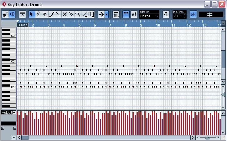 Aqui podemos ver as notas de bateria alinhadas com um teclado à esquerda. Na parte inferior temos os velocities de cada nota e em cima temos a régua de tempo.