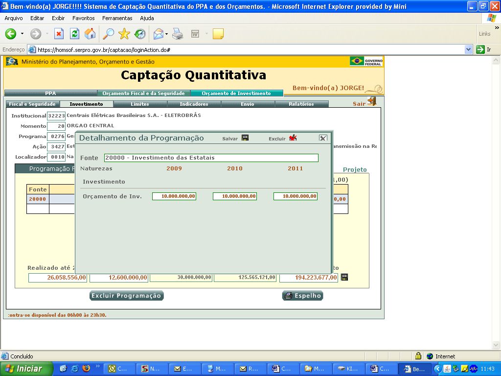 Elaboração Quantitativa Plano Plurianual 2008-2011 O botão Excluir limpa o detalhamento da Programação da Fonte na janela de fundo verde.