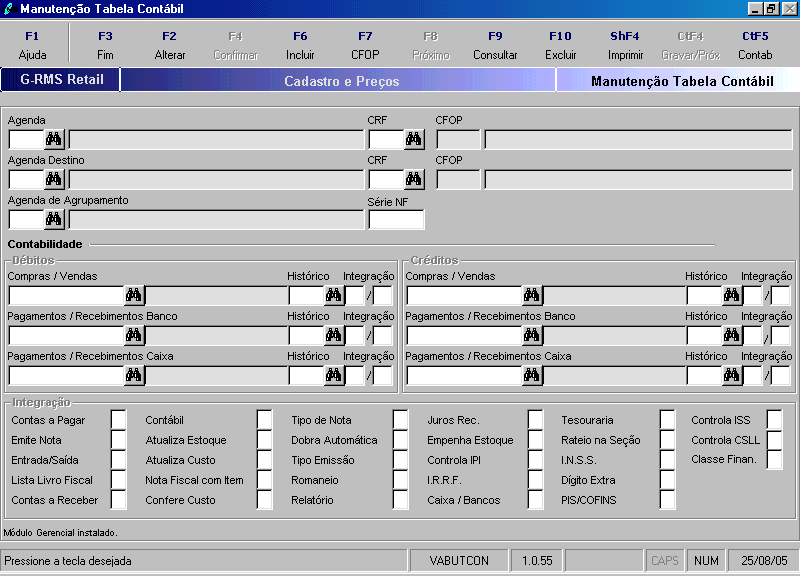 RMS SOLUCOES CQ - LOJA CADASTRO E PRECOS 08:48 11/08/2000 S-RMS 43B WIN32 PABRTCON TABELA CONTABIL Pg.