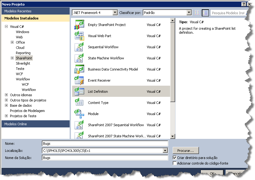 Exercício 1 Criar um projeto de definição de lista do SharePoint com Instância de lista Tarefa 1 Criar um projeto de definição de lista do SharePoint Esta tarefa o orientará pela criação da solução