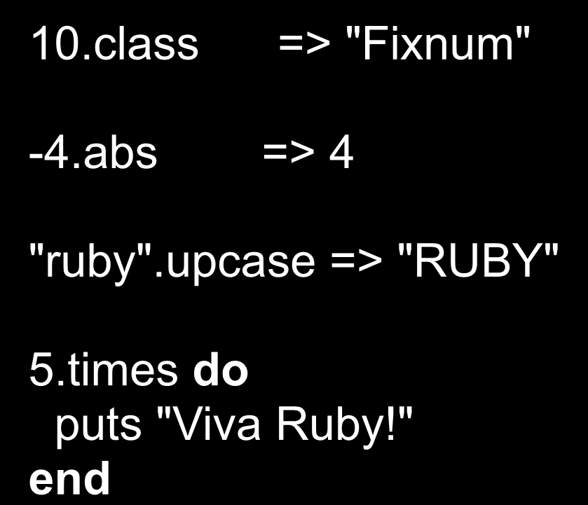 Ruby Tudo são objetos 10.class => "Fixnum" -4.