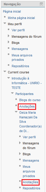 Figura 53 - Locais onde o link Anotações pode ser encontrado na sala virtual de Introdução a Informática.