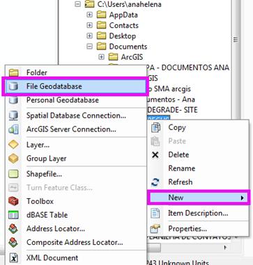 Para criar um Geodatabase, no aplicativo ArcMap, é necessário iniciar o ArcCatalog, clicar em Folder Connections > Connect to Folder e indicar a pasta onde os dados estão.