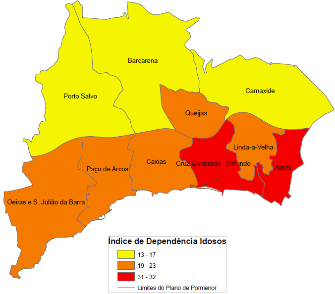 Figura 5 Índice de Dependência Total e de Idosos no Concelho de Oeiras Relativamente ao Índice de Dependência Jovem que reflecte a relação entre a população jovem e a população em idade activa,