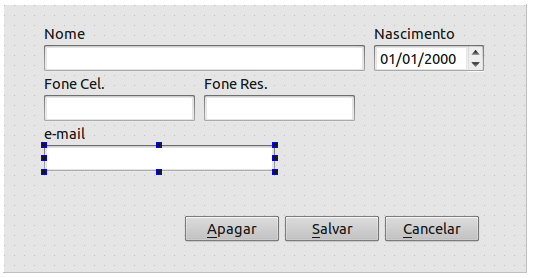 figura 33 Distribua os componentes no formulário como mostrado na figura 33 ou da forma que achar melhor. Na tabela abaixo estão os nomes de cada um dos componentes.