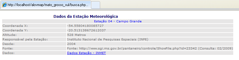 Figura 17: Tela do sistema com o link para os dados meteorológicos do INMET, e visão