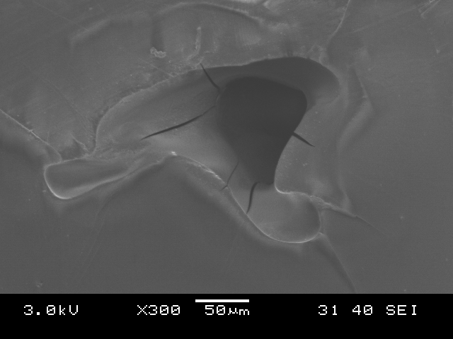 42 Figura 28 - Foto retirada no MEV evidenciando o defeito causador da falha em uma amostra com espessura de 9,6mm no ensaio de flexão. Tamanho do defeito igual a 96,05µm. Fratura em 70,42MPa.