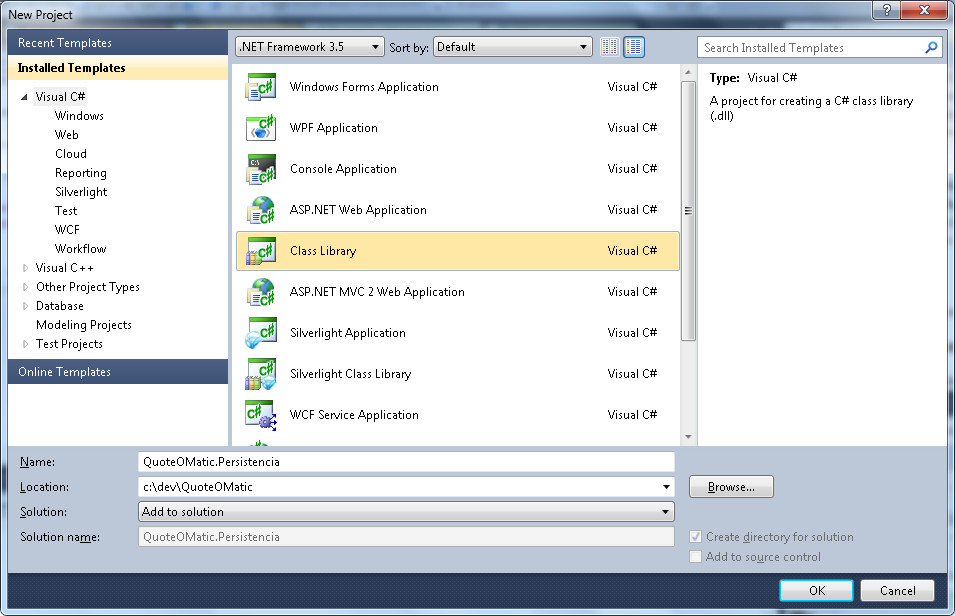 4 1. Escolha a opção File New Project. Criando a Camada de Persistência 2. Escolha a Versão 3.5 do framework.net. 3. Escolha Visual C# Class Library.