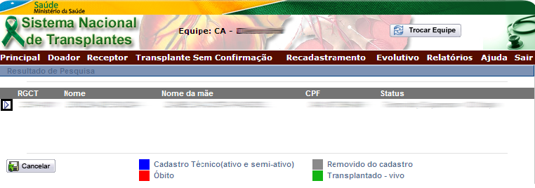 3.1.5 Óbito Caso o paciente esteja cadastrado com o status Transplante sem Confirmação, só será possível registrar o óbito em seu cadastro se o status for alterado.