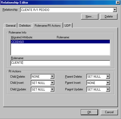 Editando Relacionamentos Pasta Rolename/RI Actions ROLENAME: nome atribuído ao atributo que será chave estrangeira num relacionamento.