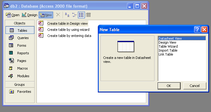É nesta janela que tem a possibilidade de escolher se quer construir ou alterar tabelas de dados (Tables), elaborar estruturas de interrogação da base de dados (Queries), definir formulários para