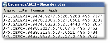 18 6 Tutorial do GeoOffice Como importar um arquivo ASCII 1. No Menu Arquivo, selecione a opção Importar, Coordenadas ASCII. Localize o arquivo C:\...\Tutorial\Caderneta ASCII. 2.