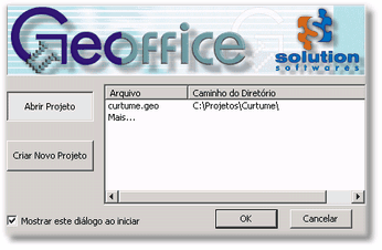 6 Tutorial do GeoOffice Abrindo um projeto existente ao iniciar o GeoOffice 1. Na área de trabalho do Windows, procure o ícone do GeoOffice e dê um duplo clique sobre ele para carregar o programa. 2.
