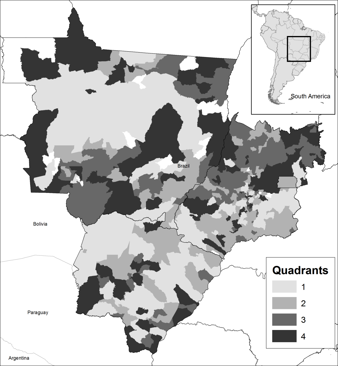 Fig 5: Map of the midwest region of Brazil indicating the classification of municipalities according to the distribution of the quadrants of the PCA, as a function of the socio-economic variables.