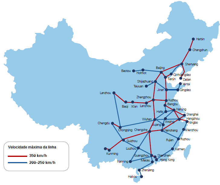 Mapa 1 Principais linhas ferroviárias da China (em km) Fonte: Ministry of Railways Metro O metro e o metro ligeiro são essenciais para atenuar o congestionamento do tráfego urbano, que tem aumentado