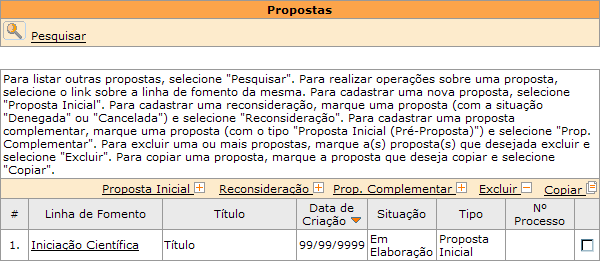 Note que, neste caso, já existe uma proposta Em Elaboração, ou seja, que ainda não foi submetida à FAPESP.