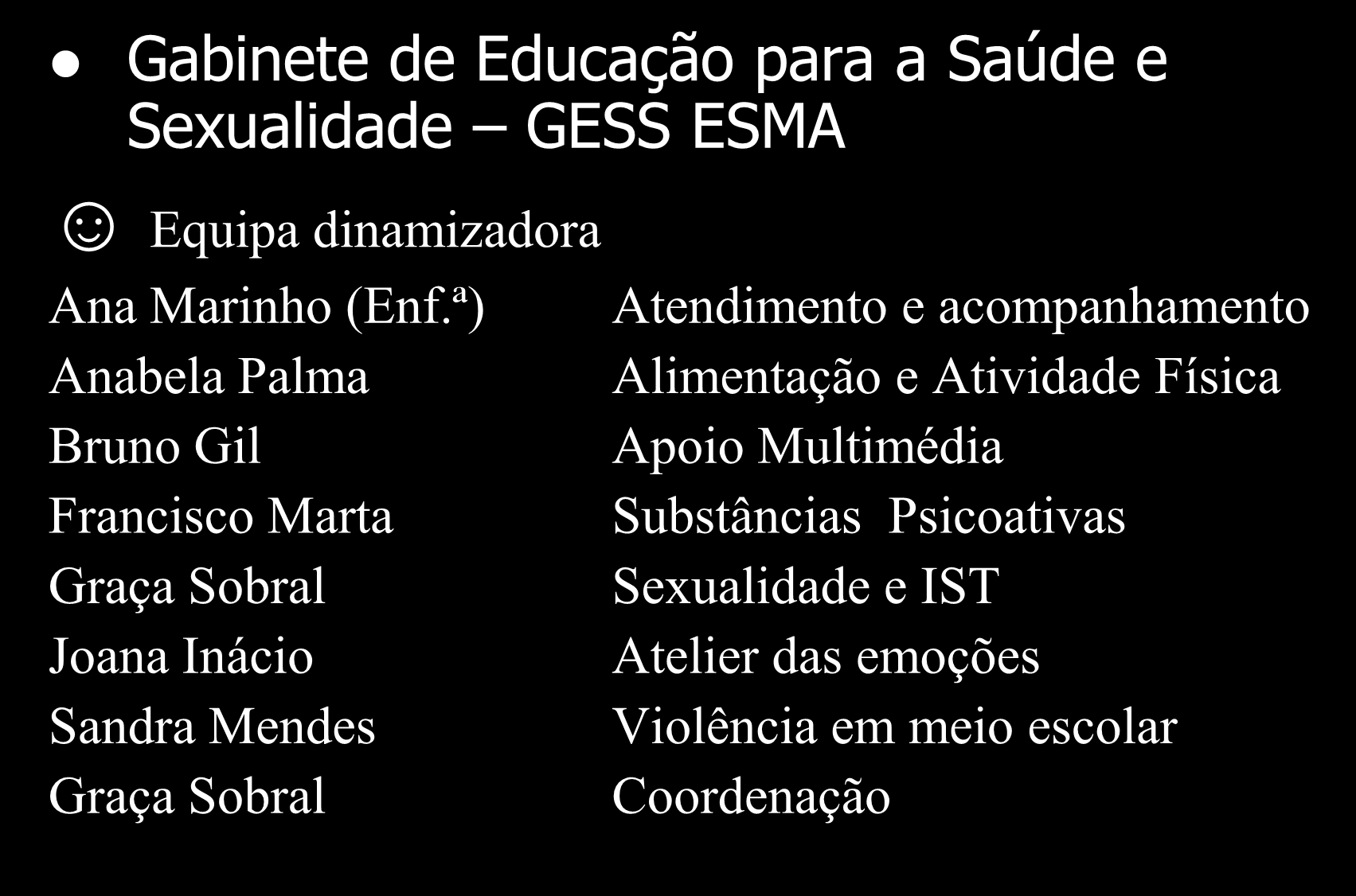 PROMOÇÃO E EDUCAÇÃO PARA A SAÚDE Gabinete de Educação para a Saúde e Sexualidade GESS ESMA Equipa dinamizadora Ana Marinho (Enf.
