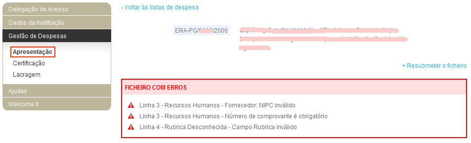 Figura 9, no qual pode submeter um ficheiro Excel que tenha sido previamente preenchido e que esteja no computador a partir do qual está a trabalhar no PCT.