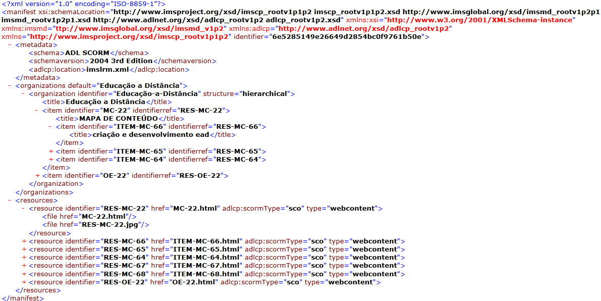 71 as tags <metadata></metadata>; a segunda referencia os elementos do curso e os configura em opções de menu, quando da execução do pacote SCORM (informação contida entre as tags