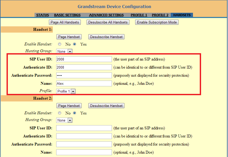 Incluindo o(s) ramal(is): na aba HANDSETS, é onde os ramais devem ser configurados, como mostra o exemplo abaixo: Voltando as Configurações para o Padrão de Fábrica: Cuidado: Toda configuração